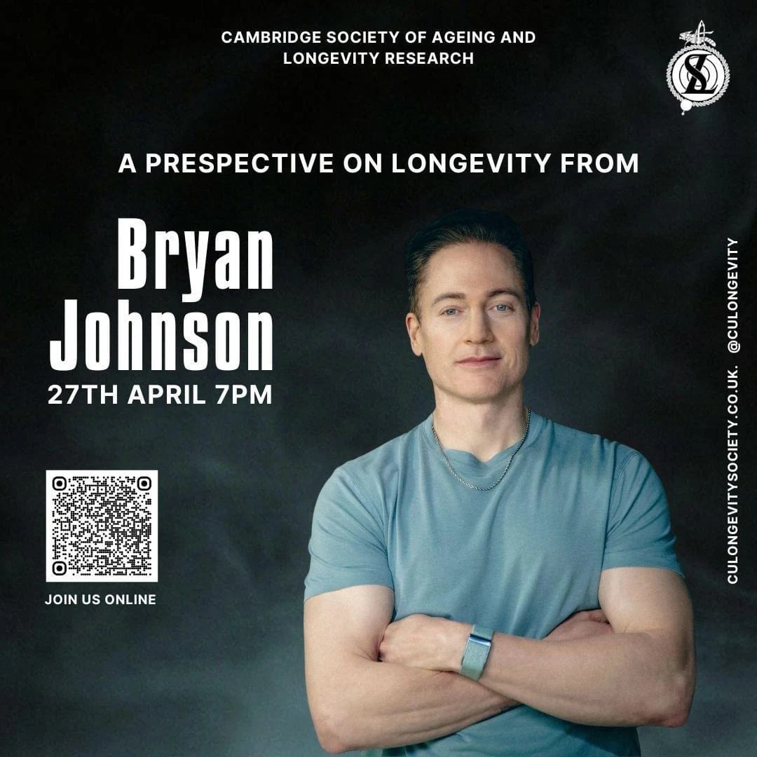 A perspective on longevity, Bryan Johnson. 27 April, 19:00. Online. Original archived event poster.