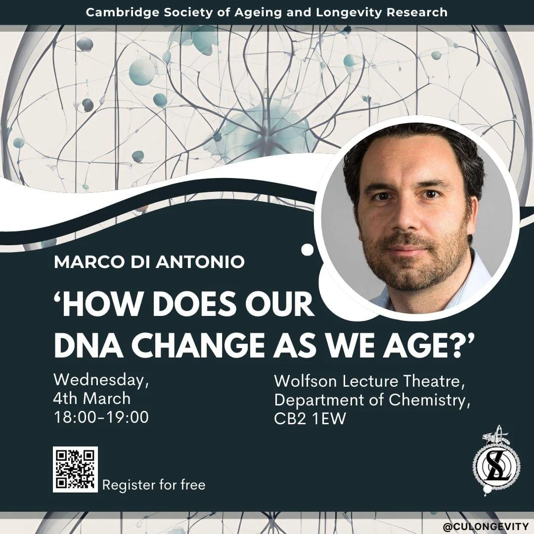 How does our DNA change as we age?, Marco Di Antonio. 4 March, 18:00–19:00. Wolfson Lecture Theatre, Department of Chemistry, CB2 1EW. Original archived event poster.