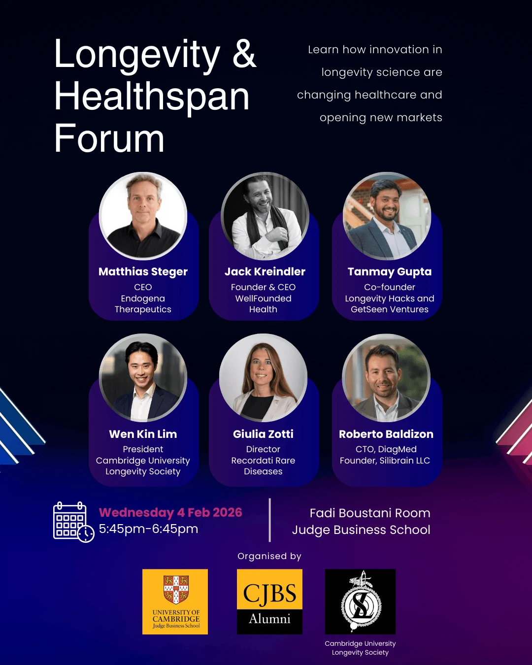 Longevity & Healthspan Forum, Matthias Steger, Jack Kreindler, Tanmay Gupta, Wen Kin Lim, Giulia Zotti and Roberto Baldizon. 4 February 2026, 17:45–18:45. Fadi Boustani Room, Judge Business School. Original archived event poster.
