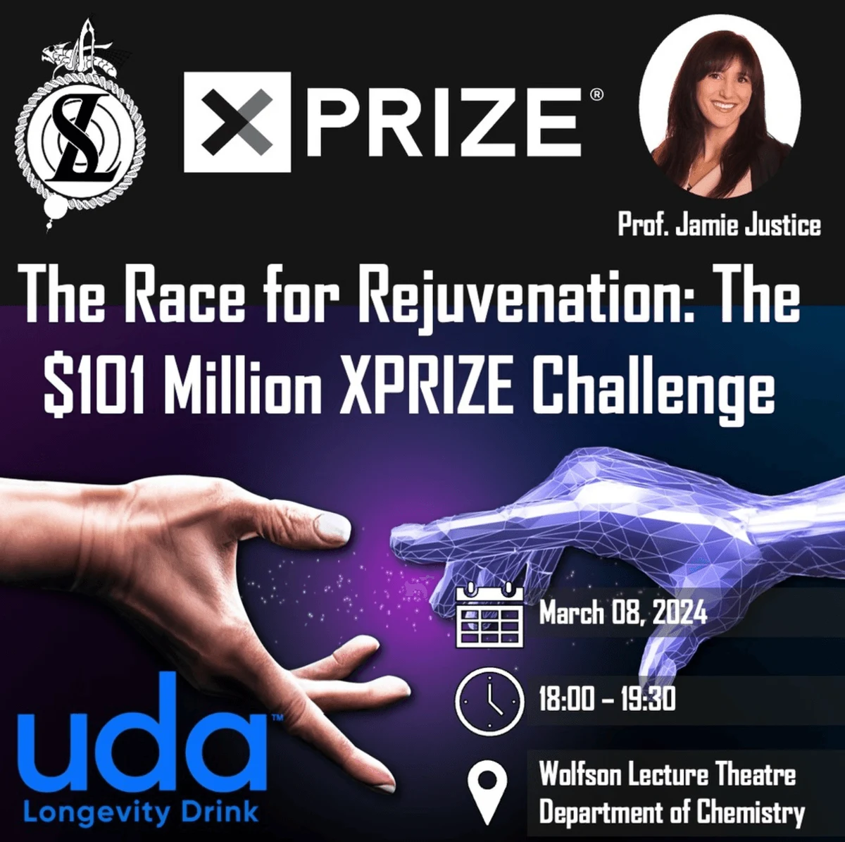 The race for rejuvenation: the $101 million XPRIZE challenge, Prof. Jamie Justice. 8 March 2024, 18:00–19:30. Wolfson Lecture Theatre, Department of Chemistry. Original archived event poster.