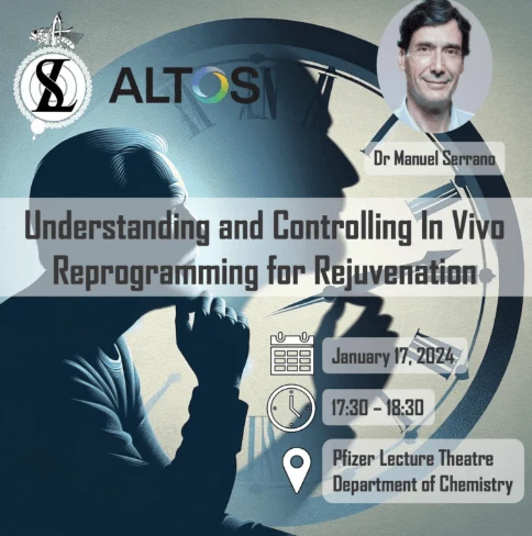 Understanding and controlling in vivo reprogramming for rejuvenation, Dr Manuel Serrano. 17 January 2024, 17:30–18:30. Pfizer Lecture Theatre, Department of Chemistry. Original archived event poster.